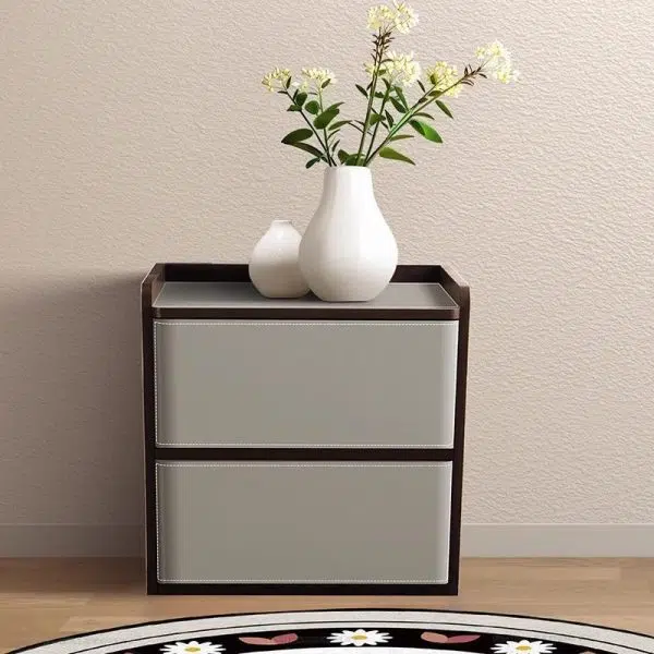 Contemporary Nordic Rectangular Leather Wood Nightstand 2-Drawer For Bedroom - Image 19