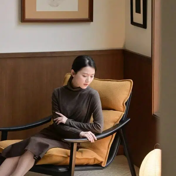 Contemporary Retro Rectangular Curved Upholstered Wood Lambswool Fabric Accent Chair Backrest Armrest For Living Room - Image 9