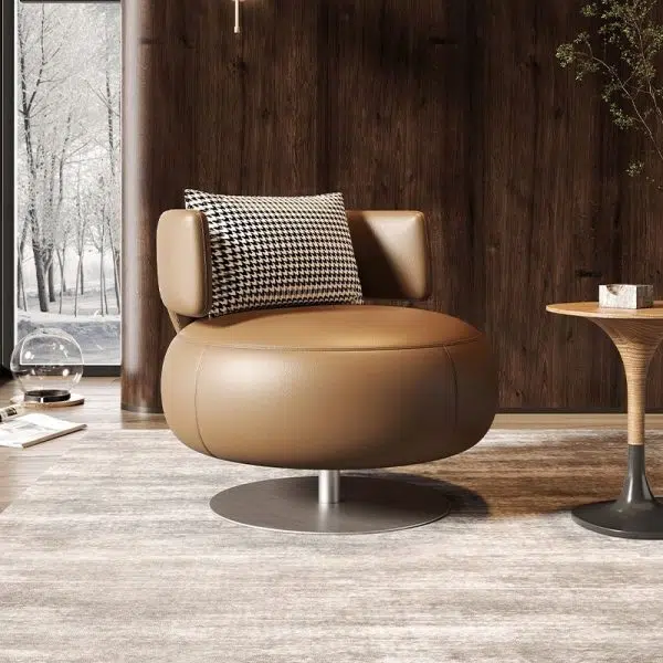Contemporary Scandinavian Round Curved Leather Sponge Stainless Steel Accent Chair Backrest Rotatable For Living Room - Image 3