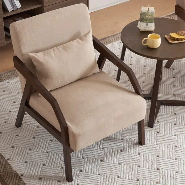 Contemporary Scandinavian Rectangular Fabric Wood Accent Chair Backrest Armrest For Living Room - Image 10