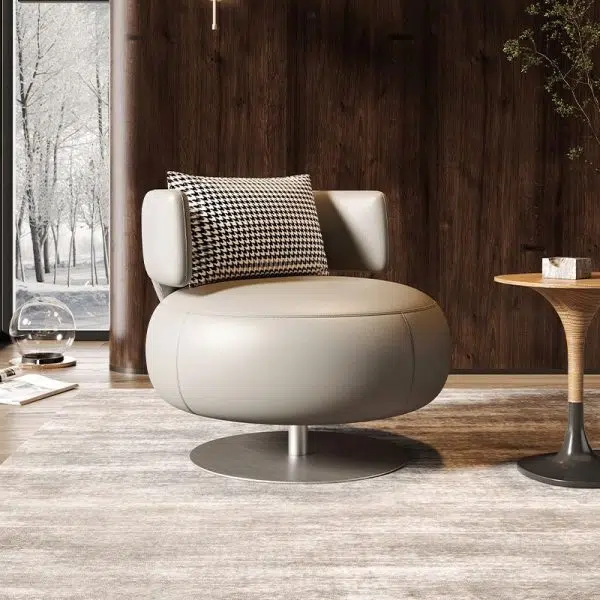 Contemporary Scandinavian Round Curved Leather Sponge Stainless Steel Accent Chair Backrest Rotatable For Living Room - Image 2