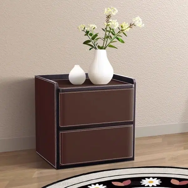 Contemporary Nordic Rectangular Leather Wood Nightstand 2-Drawer For Bedroom - Image 20