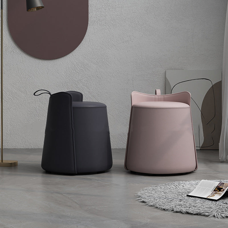007-e92f1260-306b-4a31-92fd-2f06b03d904b.jpg Contemporary Nordic Round Cylinder Leather Wood Vanity Stool Low Backrest For Bedroom - Image 1