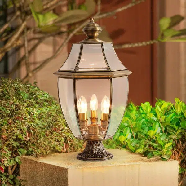 European Luxury All Copper Clear Glass Lantern Post 1/3 Light Waterproof Patio Landscape Light - Image 3