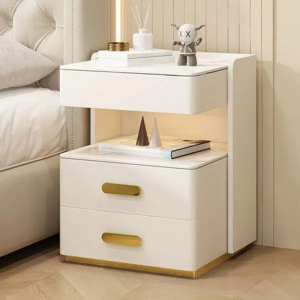 Contemporary Luxury Rectangular Rock Slab Solid Wood Leather Nightstand 2-Drawer For Bedroom - Image 22