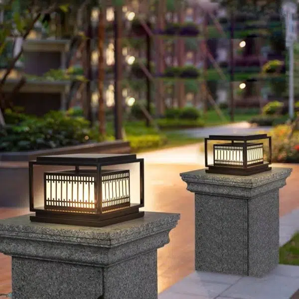 Traditional Chinese Square Stainless Steel Glass 1-Light Post Head Light For Garden - Image 10