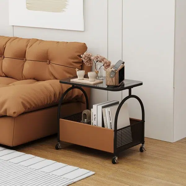 Contemporary Luxury Rectangular Glass Iron Leather End Table 2-Tier For Living Room - Image 14