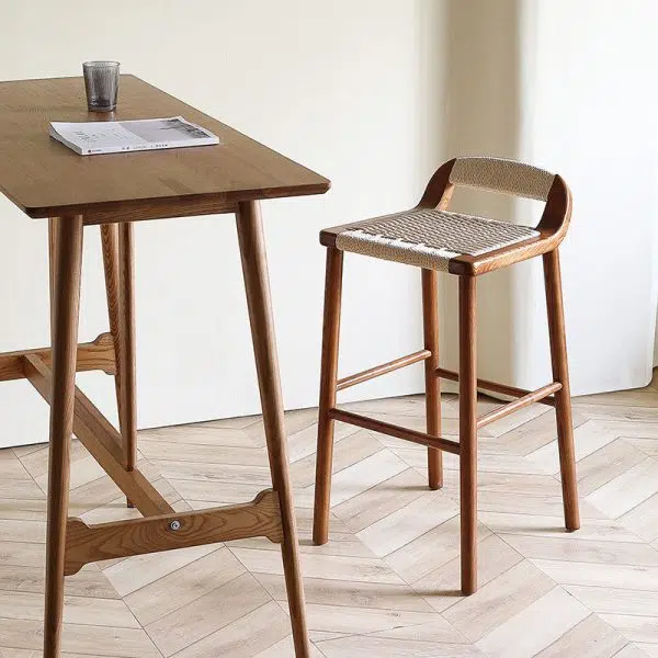 Contemporary Retro Square Kraft Paper Rope Weaving Solid Wood Bar Stool Low Back Footrest For Dining Room - Image 3