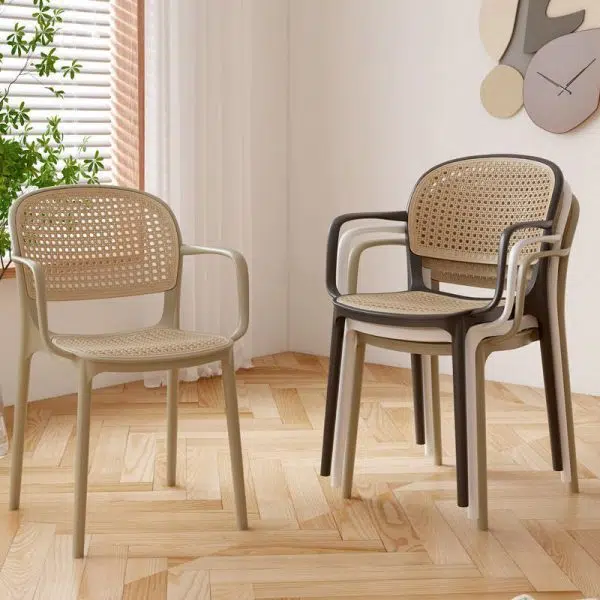 Contemporary Nordic Square Rattan Plastic Dining Chair Backrest Armrest For Dining Room - Image 9