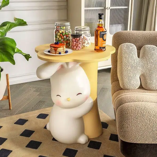 Contemporary Creative Kids Flower Rabbit Resin Wood End Table 1-Tray For Bedroom - Image 2