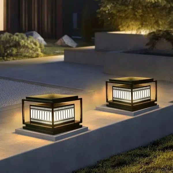 Traditional Chinese Square Stainless Steel Glass 1-Light Post Head Light For Garden - Image 19