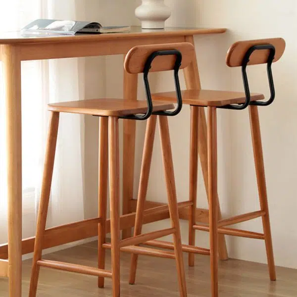 Contemporary Nordic Square Wood Iron Bar Stool Backrest Footrest For Dining Room - Image 2