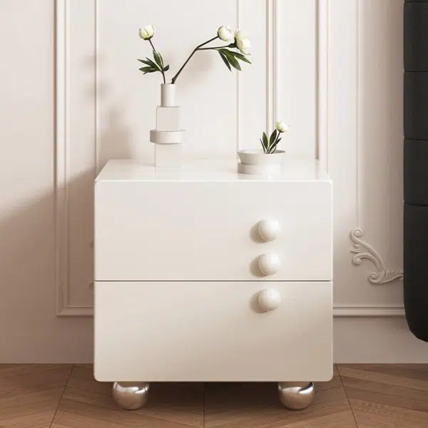 Contemporary Creative Rectangular Orb Artificial Plank Solid Wood Stainless Steel Nightstand 2-Drawer For Bedroom - Image 12