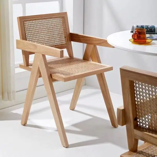 Contemporary Scandinavian Rectangular Wood Rattan Chair Backrest Armrest For Living Room - Image 21