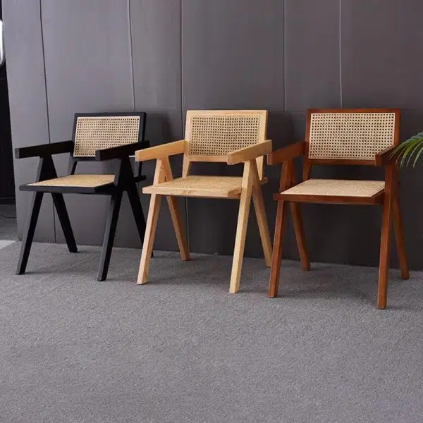 Contemporary Scandinavian Rectangular Wood Rattan Chair Backrest Armrest For Living Room - Image 14