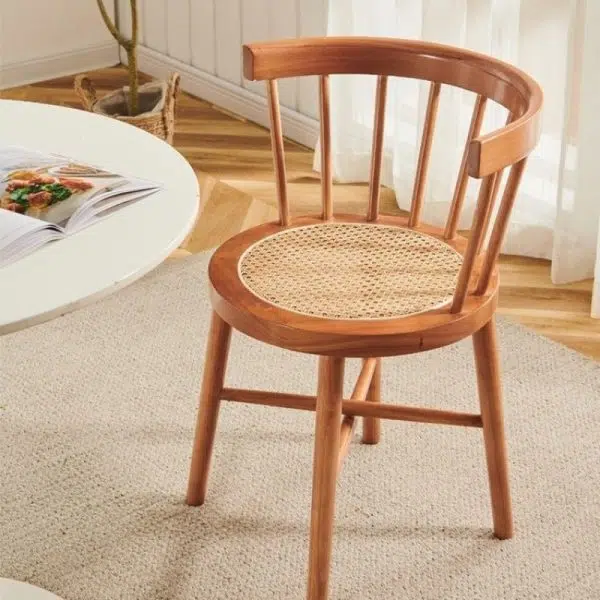Contemporary Nordic Round Rubberwood Rattan Dining Chair Backrest For Dining Room - Image 3
