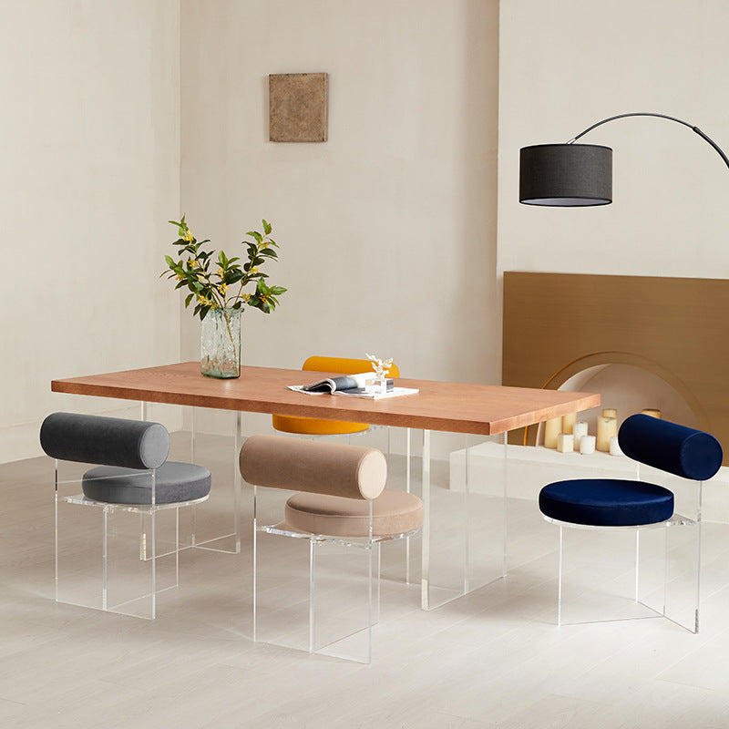 01-9f6fd8e0-ab08-423e-9dfe-19aba788a30e.jpg Contemporary Nordic Round Velvet Upholstered Acrylic Dining Chair Backrest For Dining Room - Image 1