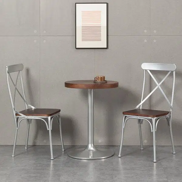 Contemporary Industrial Leather Wood Iron Square X Shape Back Dining Chair & Table Set For Dining Room - Image 16