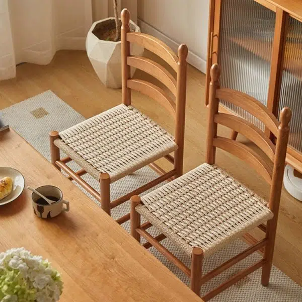 Contemporary Retro Square Braided Rope Solid Wood Dining Chair Ladder-back Footrest For Dining Room - Image 3