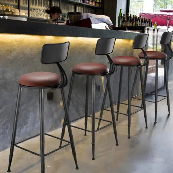 Contemporary Industrial Round Faux Leather Upholstered Bar Stool Backrest Footrest For Dining Room - Image 12
