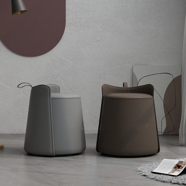 Contemporary Nordic Round Cylinder Leather Wood Vanity Stool Low Backrest For Bedroom - Image 2