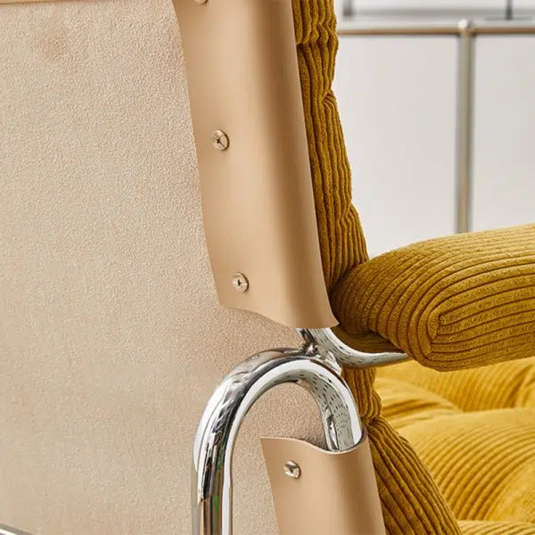 Contemporary Nordic Rectangular Checkered Upholstered Corduroy Leather Stainless Steel Accent Chair For Living Room - Image 7