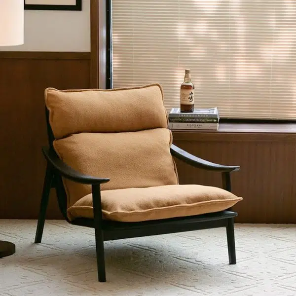 Contemporary Retro Rectangular Curved Upholstered Wood Lambswool Fabric Accent Chair Backrest Armrest For Living Room - Image 11