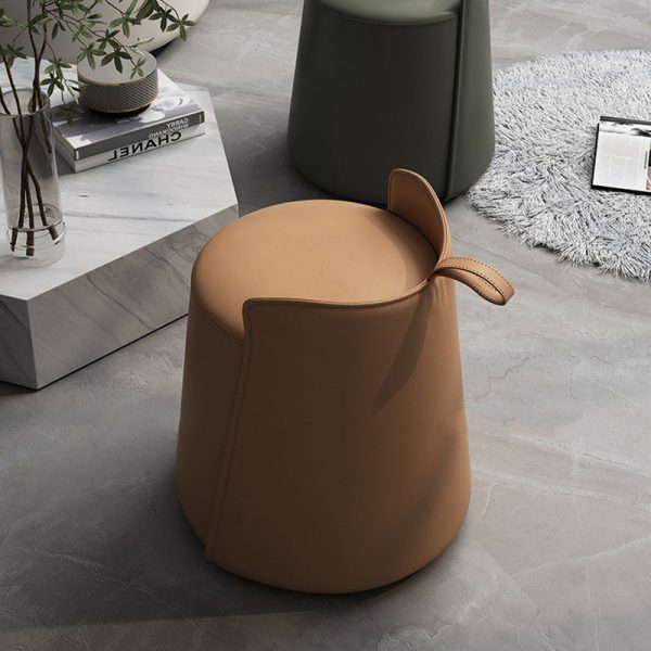 Contemporary Nordic Round Cylinder Leather Wood Vanity Stool Low Backrest For Bedroom - Image 18