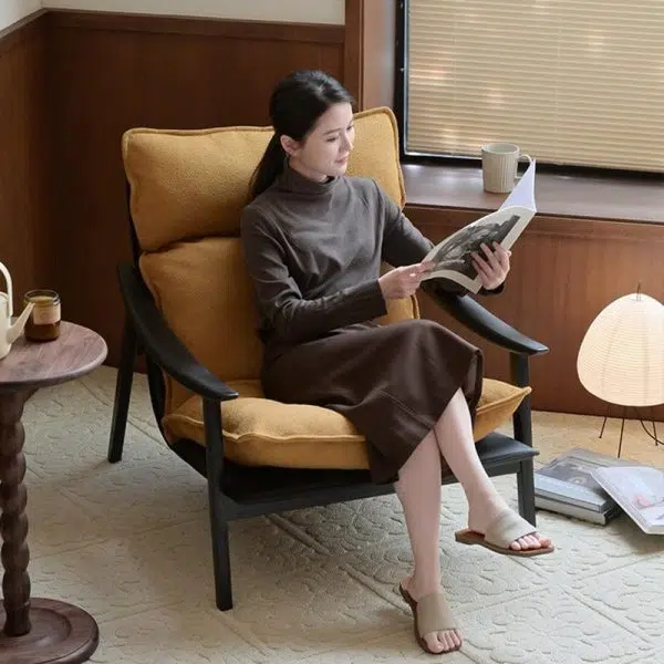 Contemporary Retro Rectangular Curved Upholstered Wood Lambswool Fabric Accent Chair Backrest Armrest For Living Room - Image 12