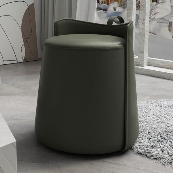 Contemporary Nordic Round Cylinder Leather Wood Vanity Stool Low Backrest For Bedroom - Image 19