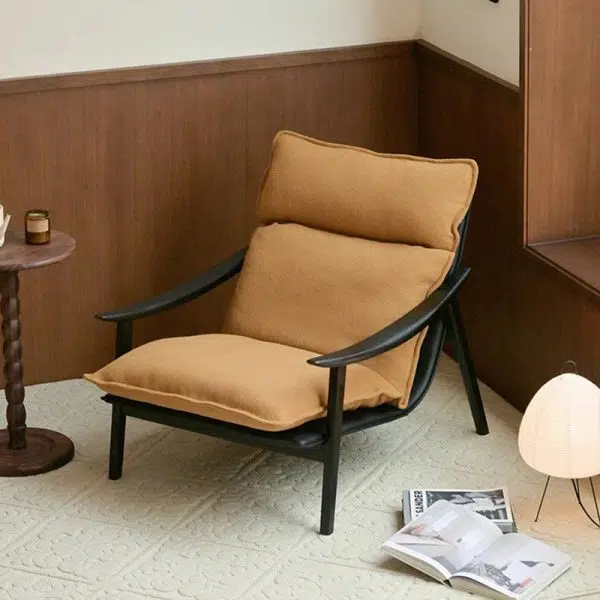 Contemporary Retro Rectangular Curved Upholstered Wood Lambswool Fabric Accent Chair Backrest Armrest For Living Room - Image 13