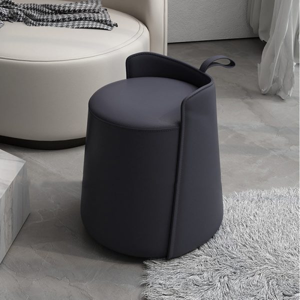 Contemporary Nordic Round Cylinder Leather Wood Vanity Stool Low Backrest For Bedroom - Image 20