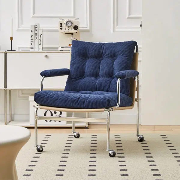 Contemporary Nordic Rectangular Checkered Upholstered Corduroy Leather Stainless Steel Accent Chair For Living Room - Image 2