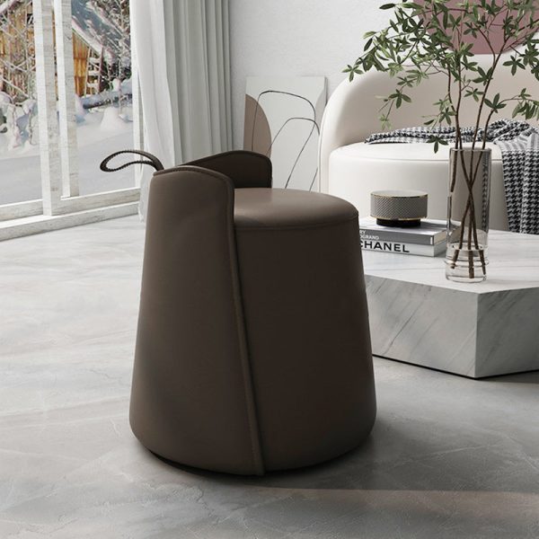 Contemporary Nordic Round Cylinder Leather Wood Vanity Stool Low Backrest For Bedroom - Image 21