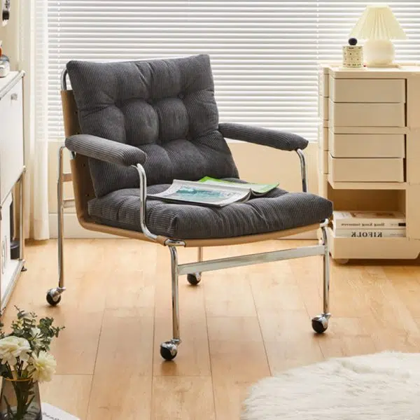 Contemporary Nordic Rectangular Checkered Upholstered Corduroy Leather Stainless Steel Accent Chair For Living Room - Image 3