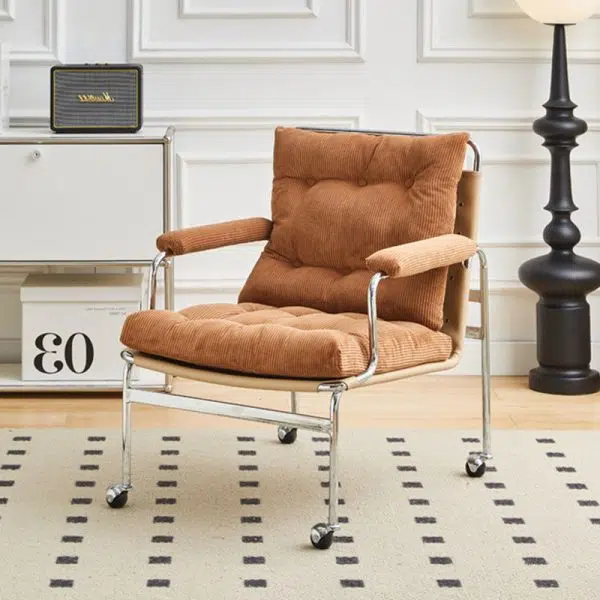 Contemporary Nordic Rectangular Checkered Upholstered Corduroy Leather Stainless Steel Accent Chair For Living Room - Image 11