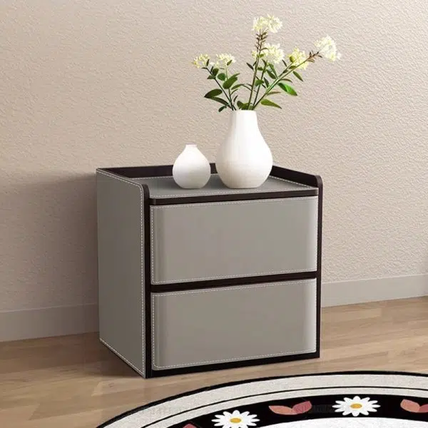 Contemporary Nordic Rectangular Leather Wood Nightstand 2-Drawer For Bedroom - Image 14