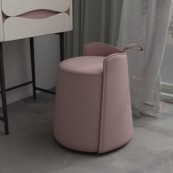Contemporary Nordic Round Cylinder Leather Wood Vanity Stool Low Backrest For Bedroom - Image 3