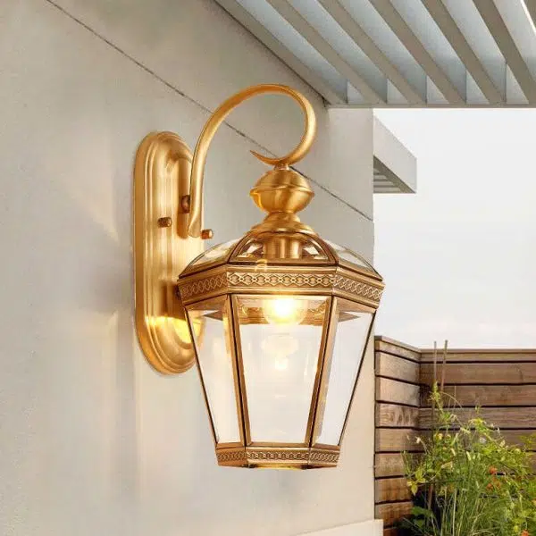European Modern Hexagonal Lantern Copper Glass Waterproof 1-Light Outdoor Wall Sconce Lamp - Image 15