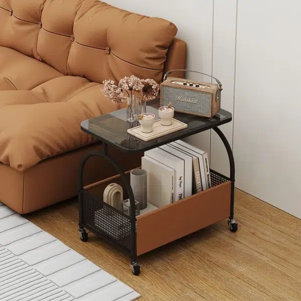 Contemporary Luxury Rectangular Glass Iron Leather End Table 2-Tier For Living Room - Image 15