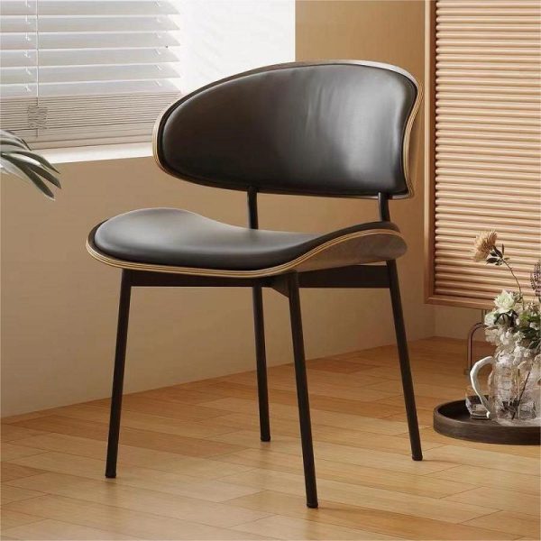 Contemporary Nordic Walnut Wood Grain Microfiber Leather Upholstered Dining Chair Backrest For Dining Room - Image 4