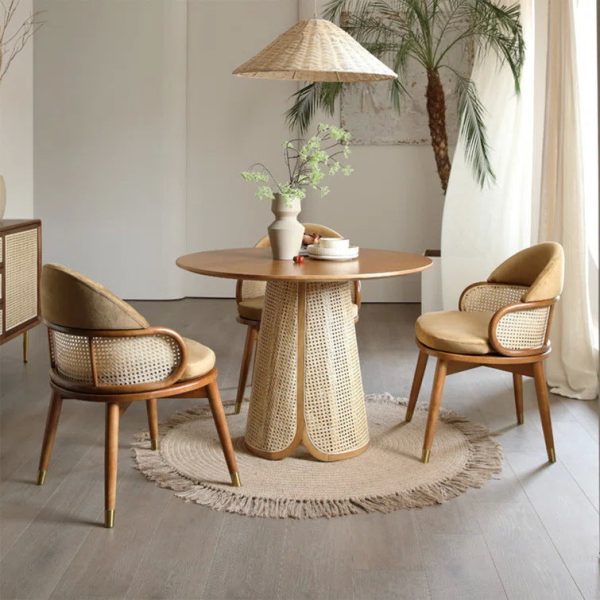 Contemporary Nordic Weaving Ash Wood Rattan Fabric Sponge Round Dining Chair Backrest For Dining Room - Image 7