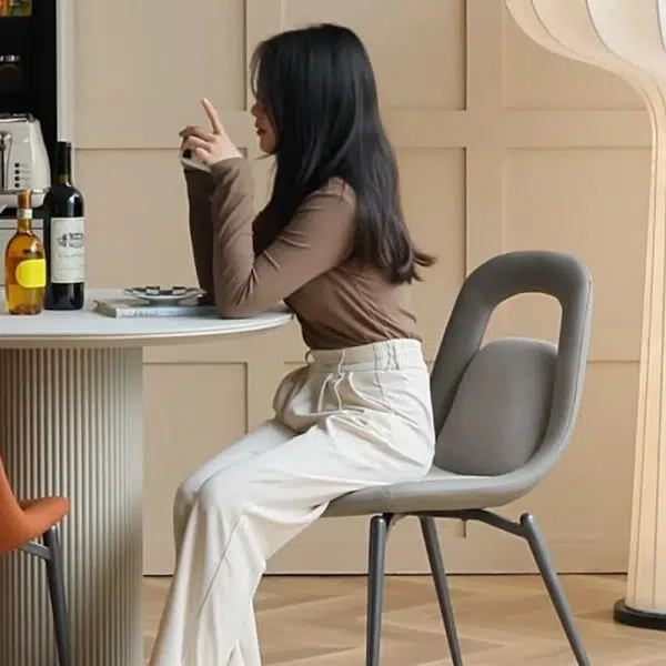 Contemporary Scandinavian Curved Leather Metal Tapered Legs Dining Chair Backrest For Dining Room - Image 18