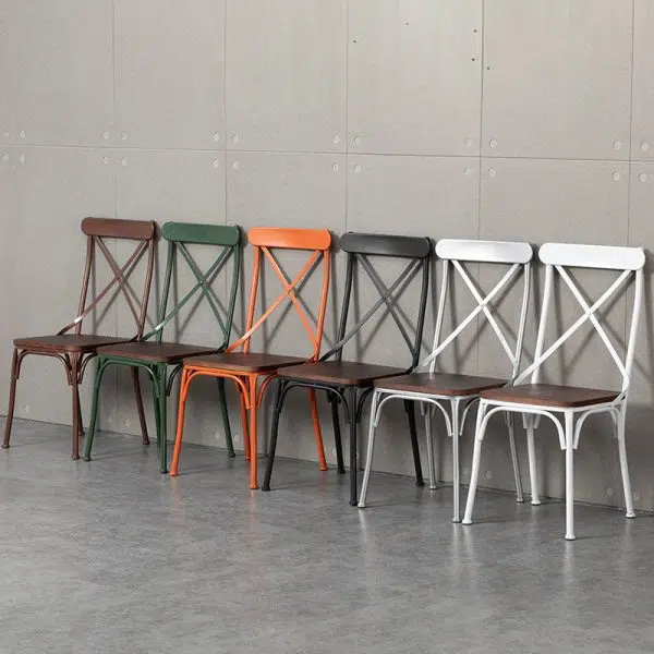 Contemporary Industrial Leather Wood Iron Square X Shape Back Dining Chair & Table Set For Dining Room - Image 2