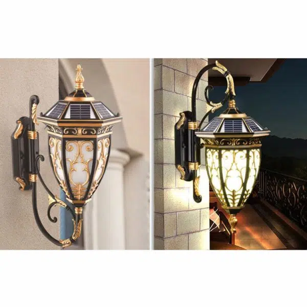 European Retro Solar Carved Lantern Aluminum Glass LED Outdoor Waterproof Wall Sconce Lamp - Image 10