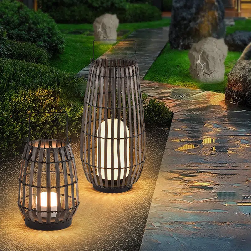 02-57d768af-dca7-48c0-9c68-9249ee2ccd6a.jpg Contemporary Creative Waterproof Solar Cylinder Woven Rattan Iron LED Landscape Lighting Outdoor Light For Garden - Image 1