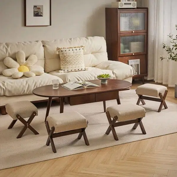 Traditional Chinese Rectangular Wood Fabric Chair Backless Armless For Living Room - Image 2