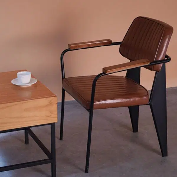 Contemporary Industrial Leather Metal Sponge Wood Square Vertical Stripe Dining Chair Backrest Armrest For Dining Room - Image 14