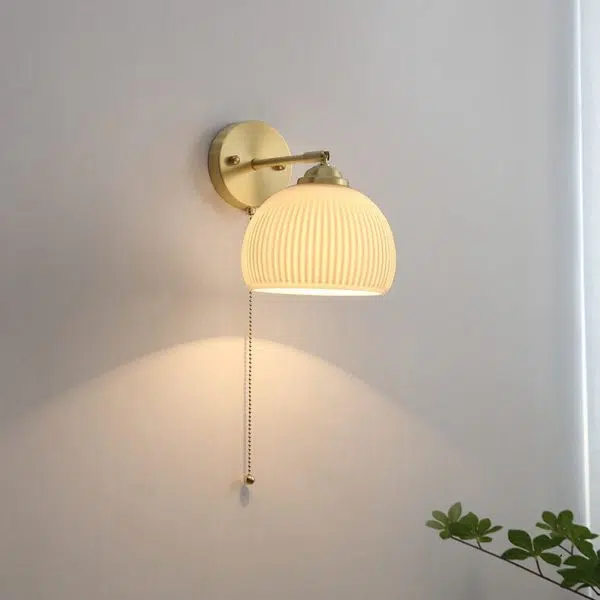 Nordic Striped Milk White Glass Brass 1-Light Pull Cord Wall Sconce Lamp - Image 4