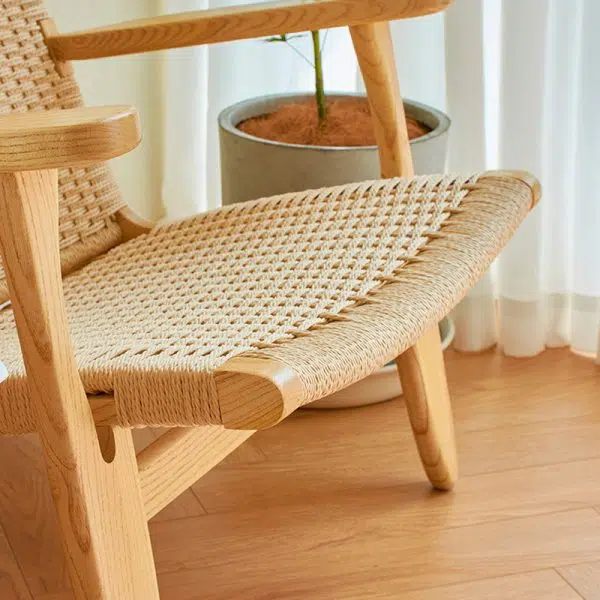 Contemporary Scandinavian Rectangular Wood Rattan Chair Backrest Armrest For Living Room - Image 9